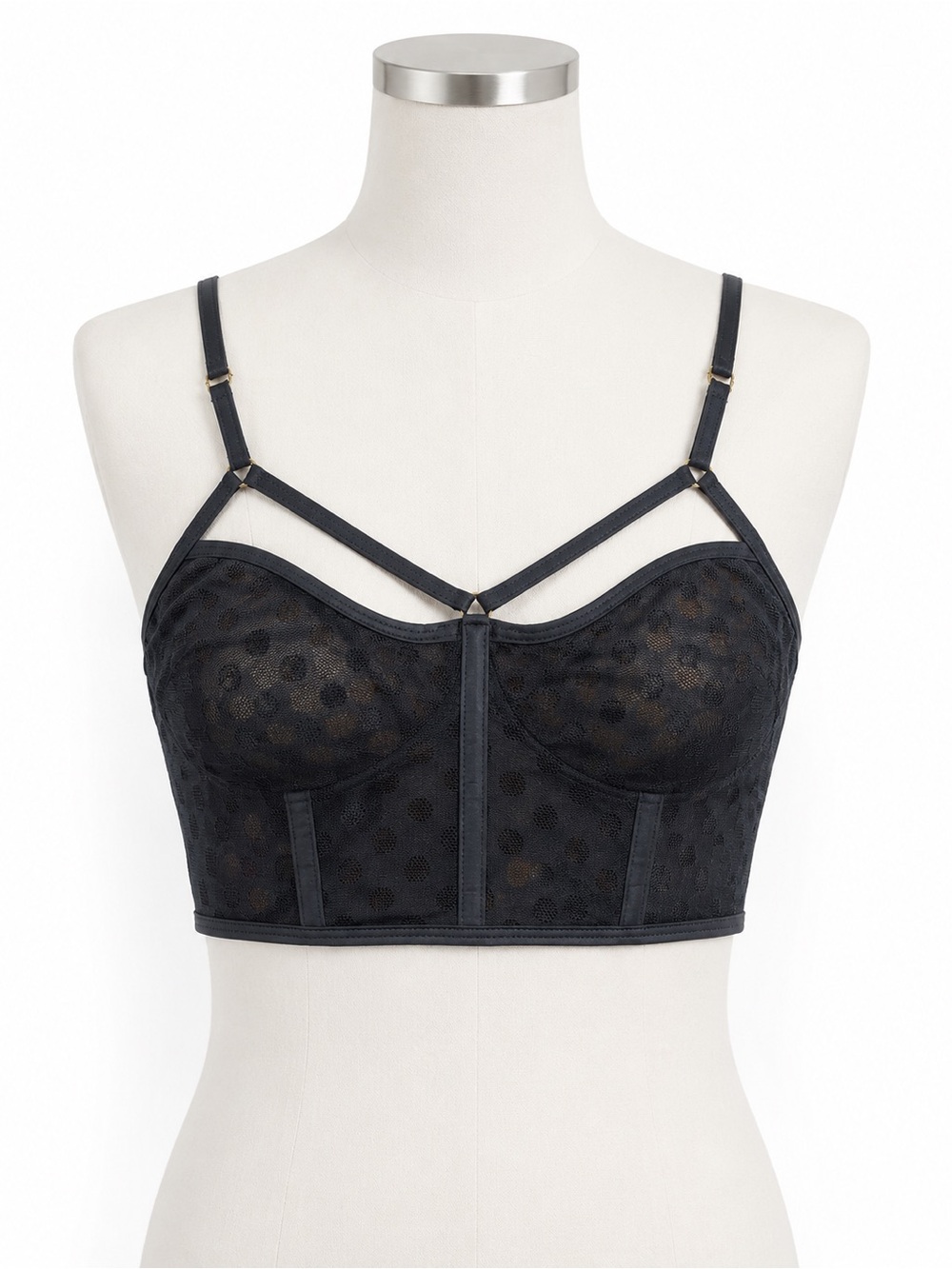 Venus Black Sheer Polka-Dot Longline Bralette with Strappy Detail